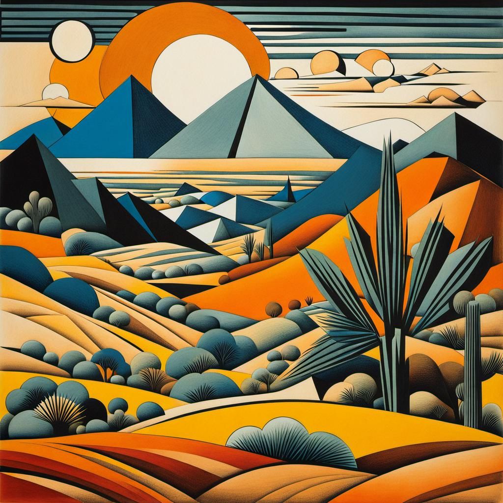 Cubist Desert Landscape in Japanese Ink Style