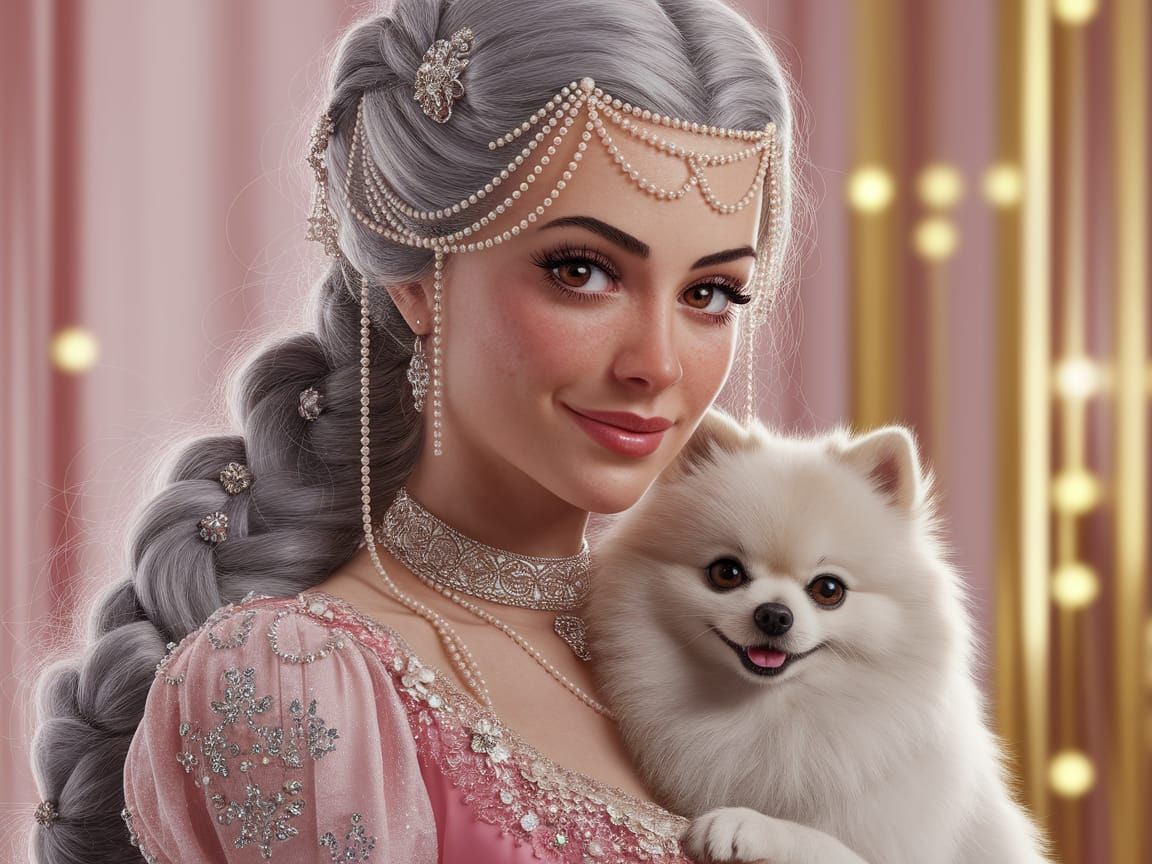Portrait of Woman with Braids and Pomeranian