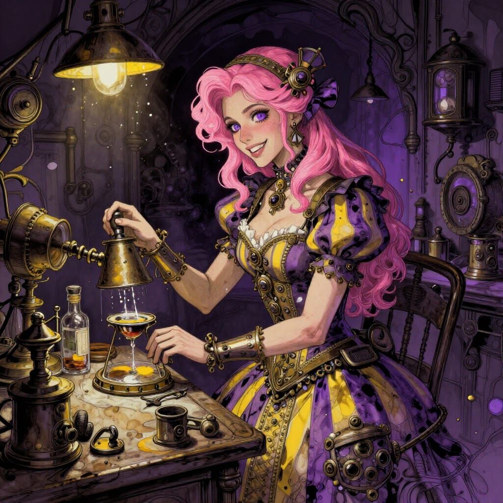 Steampunk Workshop Scene with Pink Haired Inventor