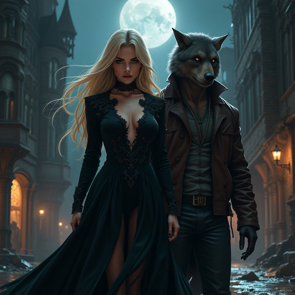 Vampire Detective and Werewolf Partner in Gothic City
