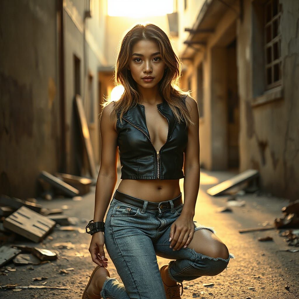 Malaysian Woman in Urban Ruins, Photo-Realistic Style