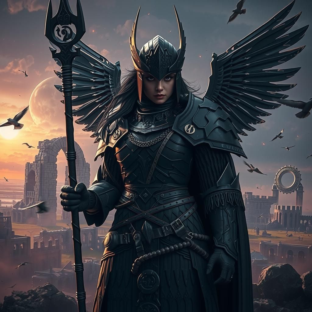 Valkyrie Warrior in Dark Armor on Mystical Battlefield