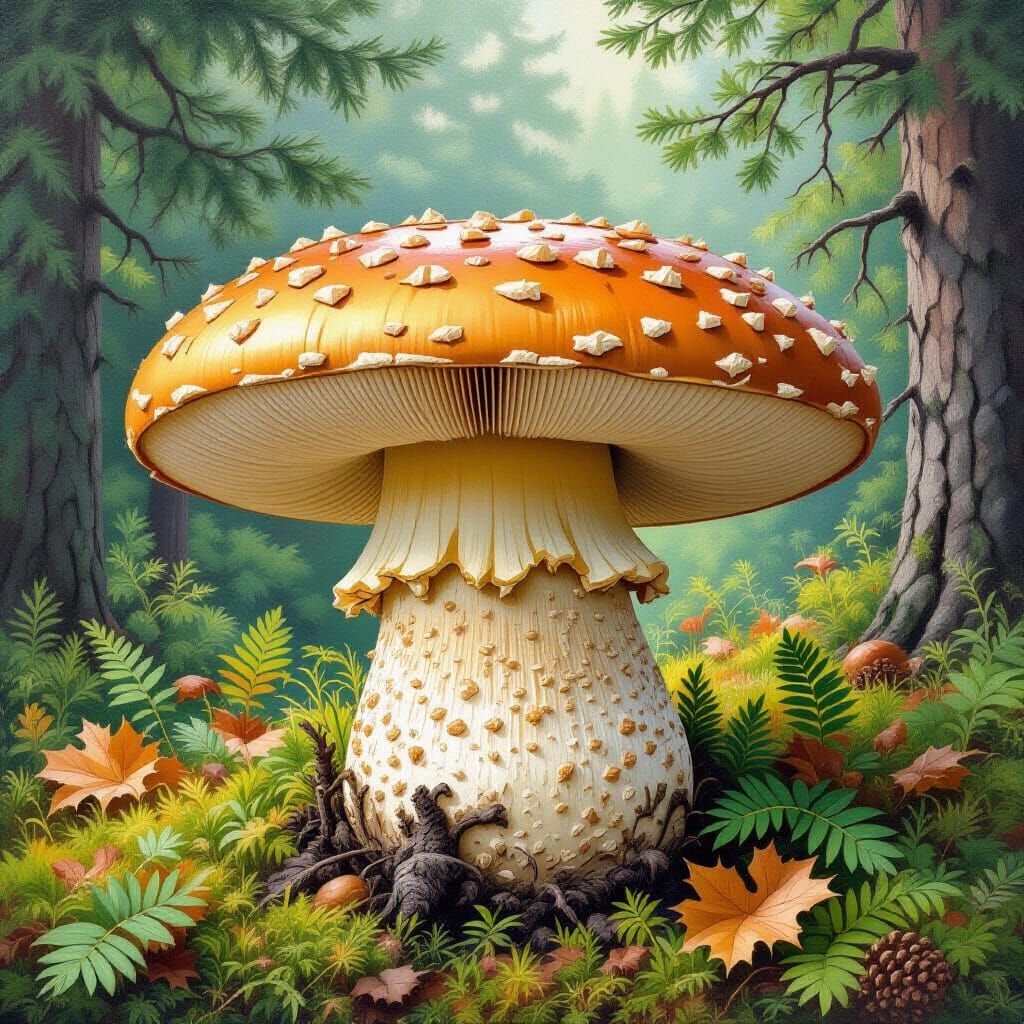 Boletus Edulis Mushroom in Botanical Art Style