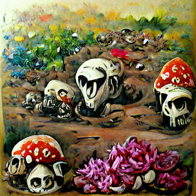Flowers and Mushrooms Sprout from Skulls, Acrylic Art