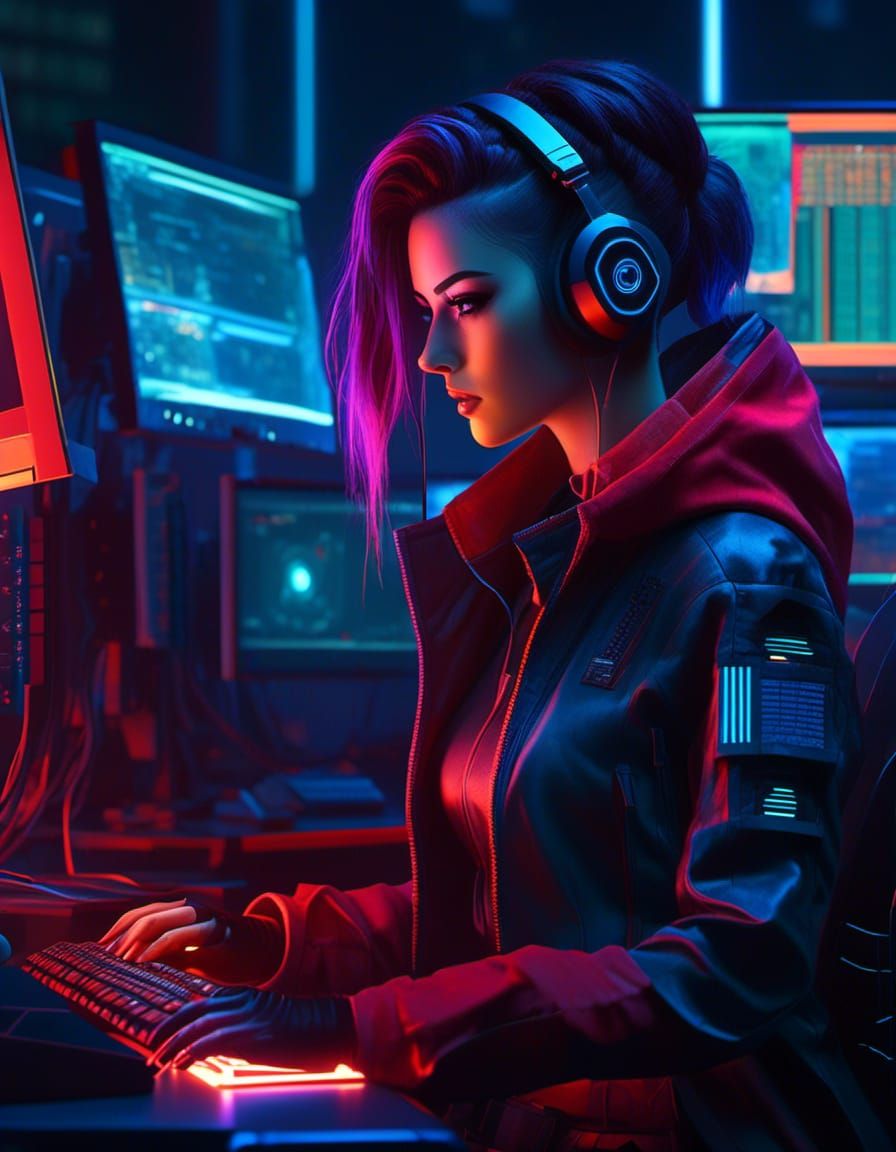 Anime Dark Gothic inspired Cyberpunk hacker female working at a computer in dimly lot computer room. Red, blue, green, o...