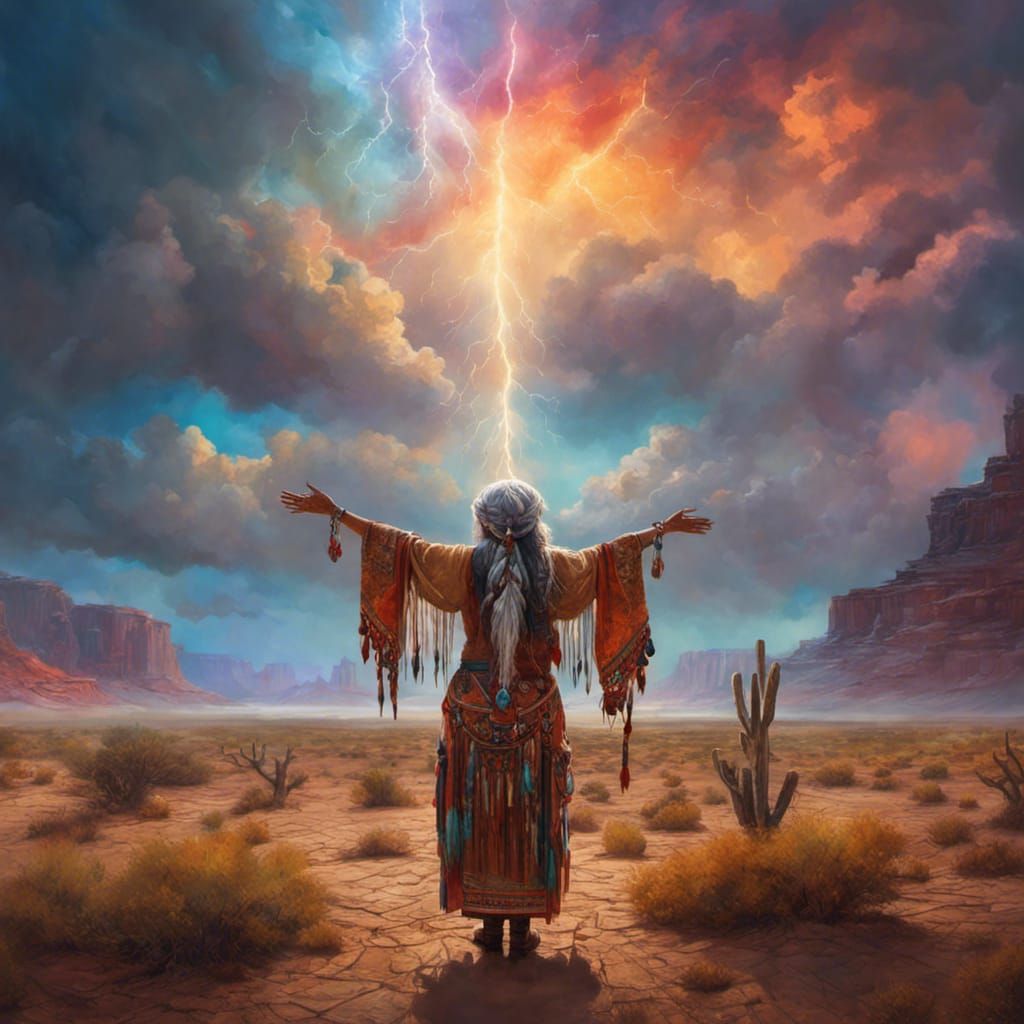 Mystical Woman Conjures Rain in Colorful Desert
