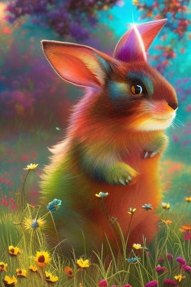 Rabbits' Whimsical Picnic in Fantasy Meadow