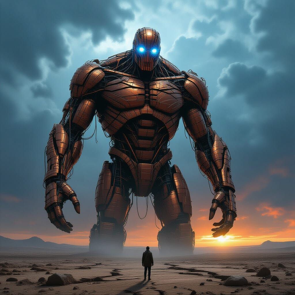 Colossal Wire Giant in a Desolate Landscape