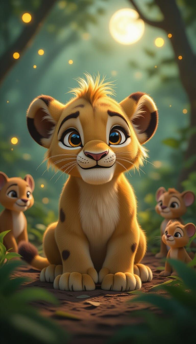 Simba in Enchanted Forest: 3D Rendering of a Lion Cub