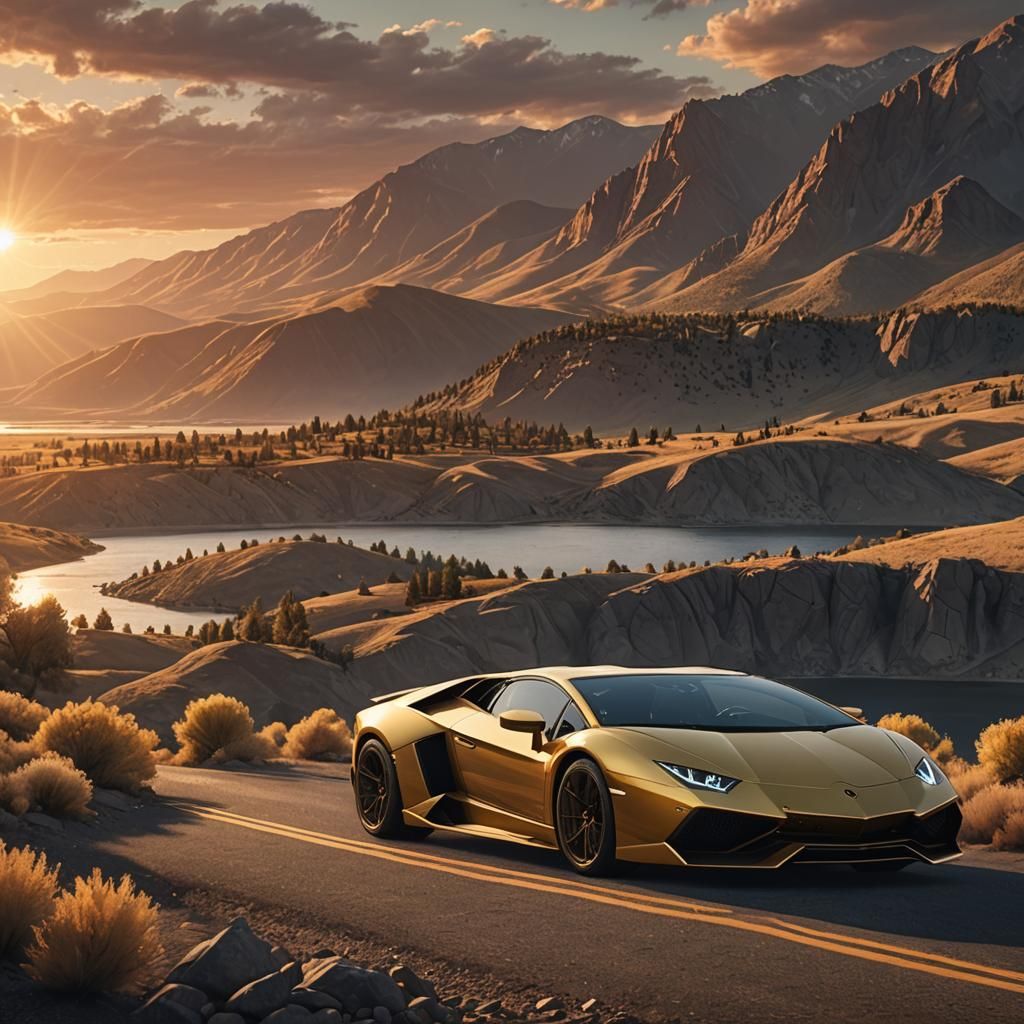 Golden Lamborghini Miura Sunset: Detailed Matte Painting
