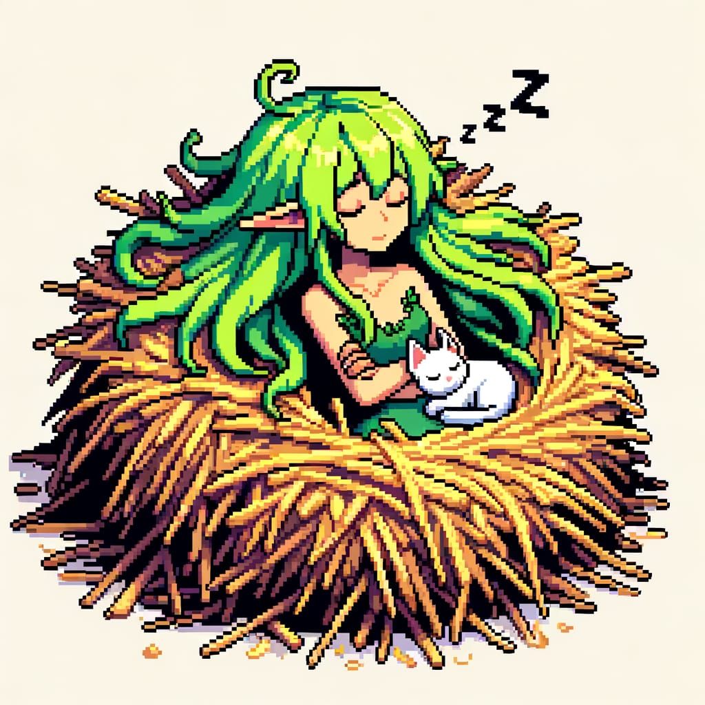 Anime-Inspired Dryad Girl in Pixel Art, Surrounded by Peacef...