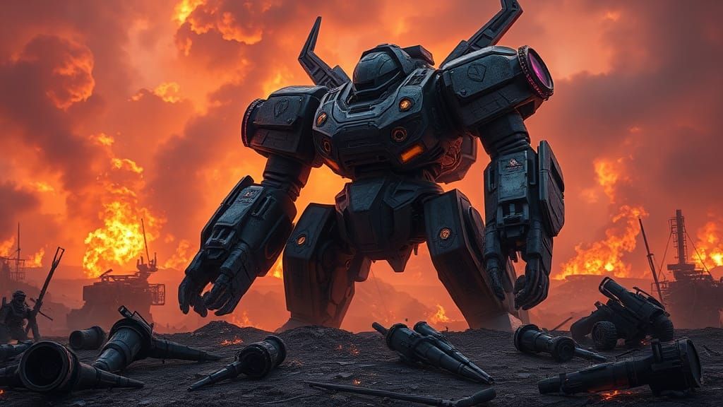 Samurai Robot Victorious in Post-Apocalyptic Landscape