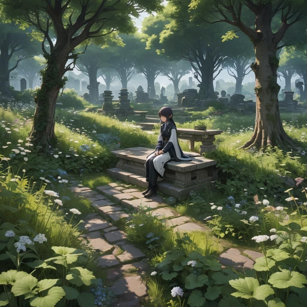 Melancholic Stone in Overgrown Anime Garden
