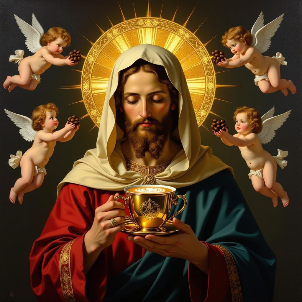Divine Saint Holding Sacred Espresso Cup in Renaissance Styl...