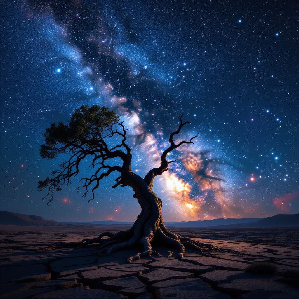 Ancient Tree Silhouetted Against Cosmic Nebula