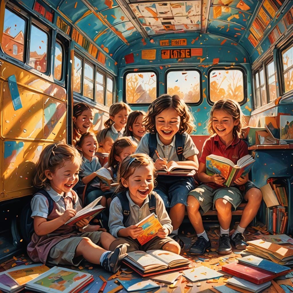 Children's School Bus Ride in Detailed Fantasy Art