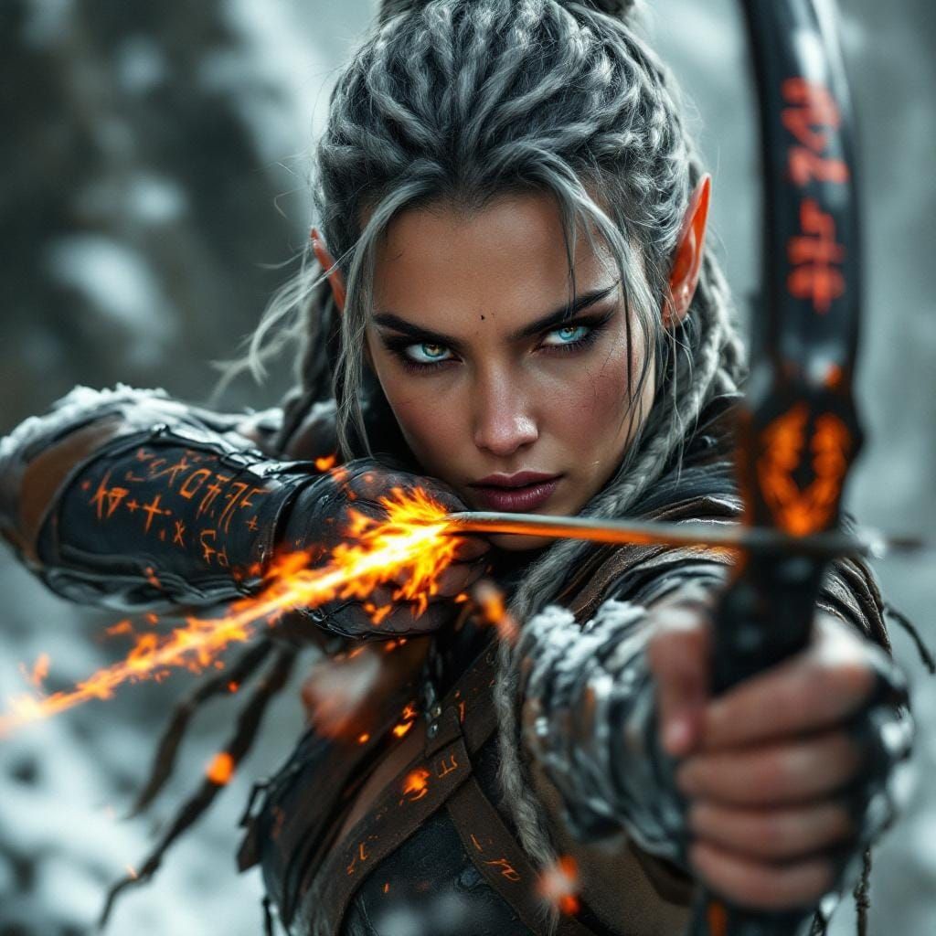 Elven Ranger Aiming Flaming Arrow in Fantasy Art Style