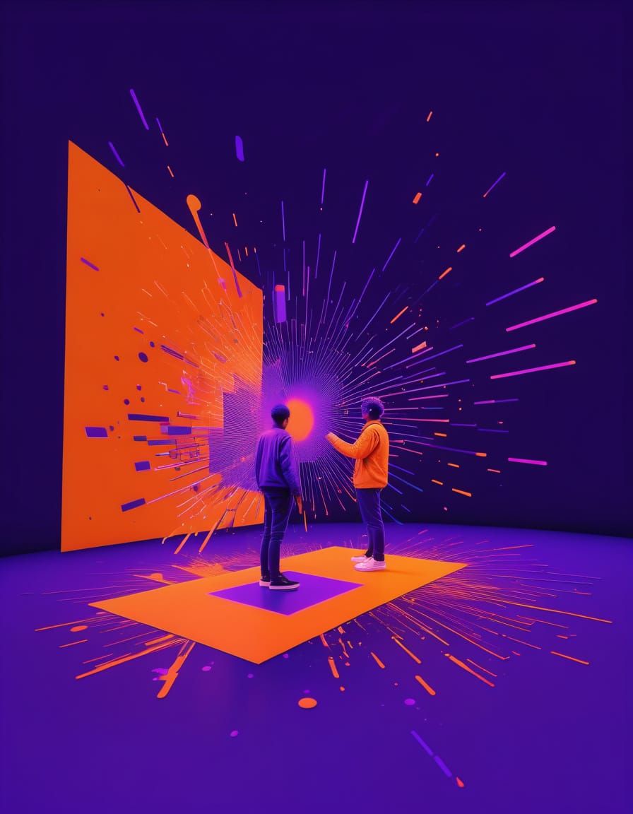 Vibrant Neon Plaza Scene in Triadic Colors