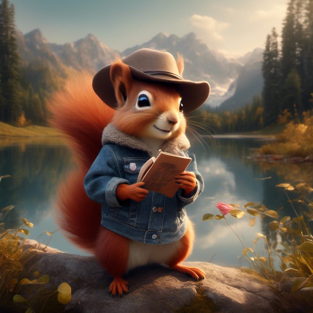 Red Squirrel in Floppy Hat Holds Amber Rose