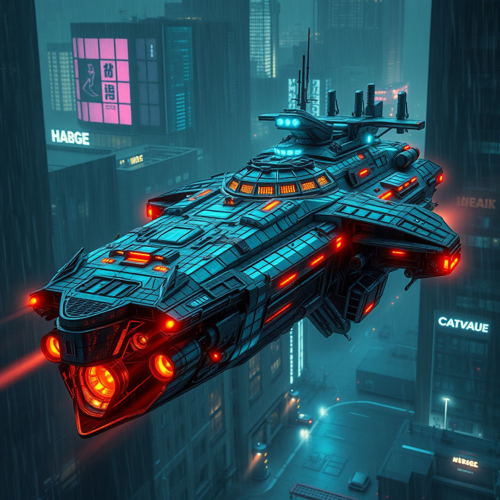 Crystal Cyberpunk Spaceship Soaring Over Dystopian City