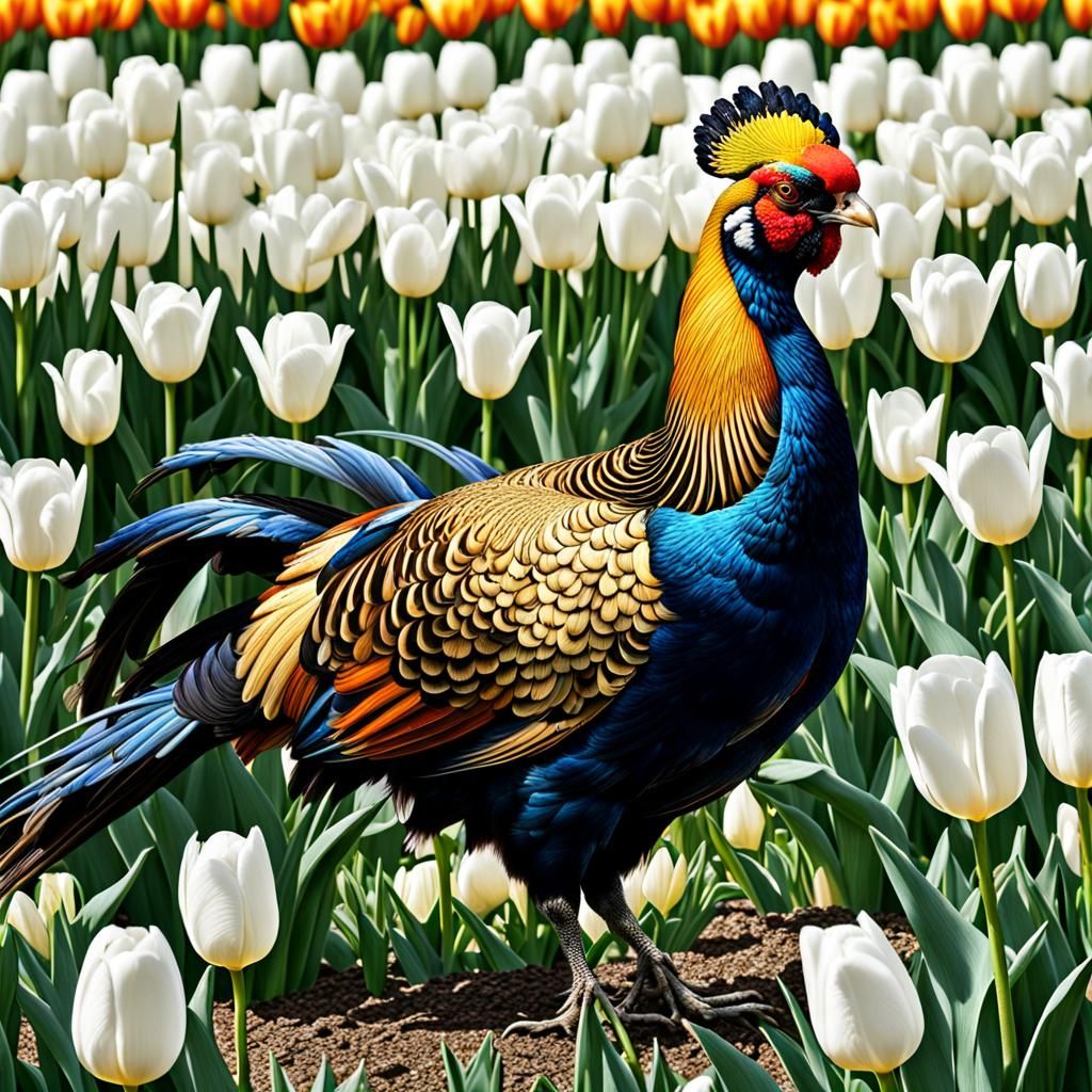 Golden Pheasant in Tulip Field: Hyperrealistic HDR