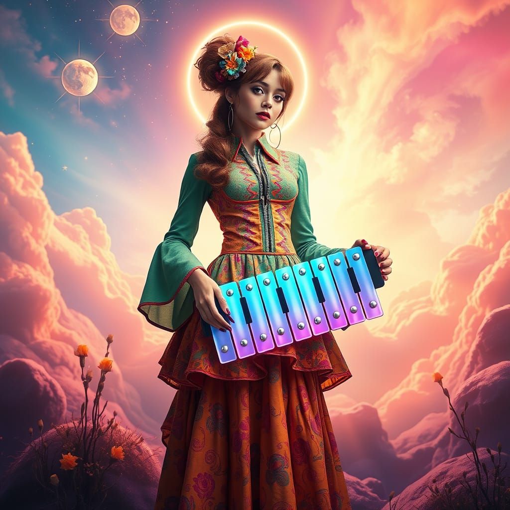 Surreal Woman Plays Iridescent Xylophone Zipper in Dreamlike...
