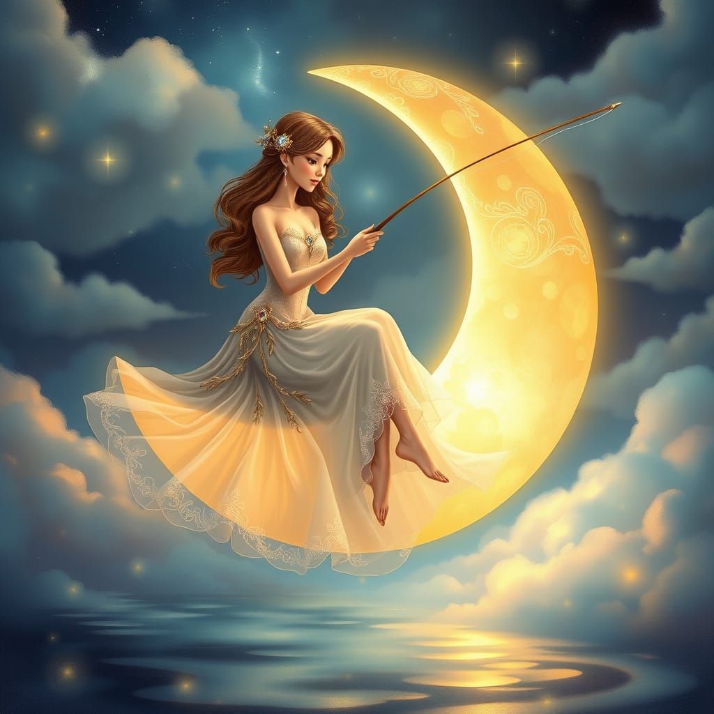 Enchanting Woman on a Luminous Half Moon, Fishing in a Dream...
