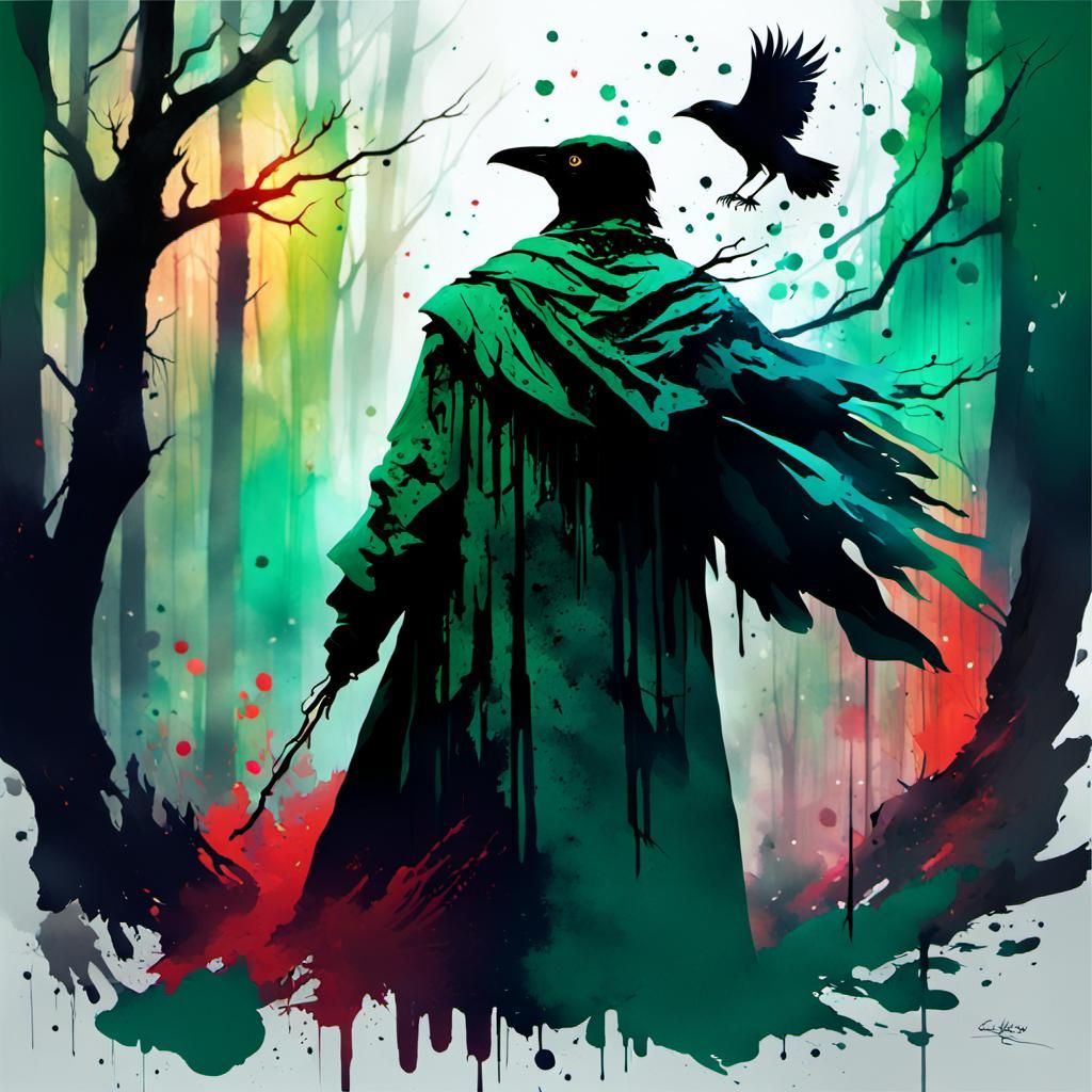 Mysterious Magician in Expressionist Ink Splatter Art