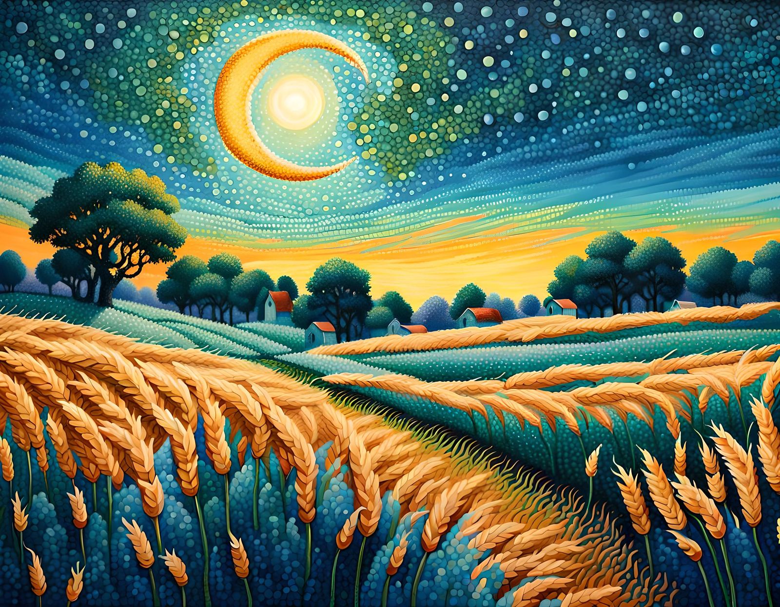 Pointillist Wheat Field Under Moonlight at Twilight