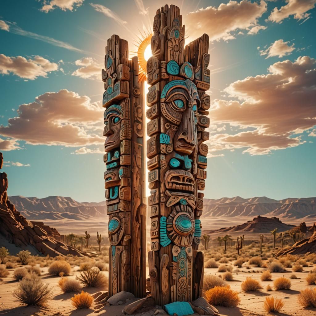 Majestic Totem Pole in Desert Sunset: 8k Digital Art
