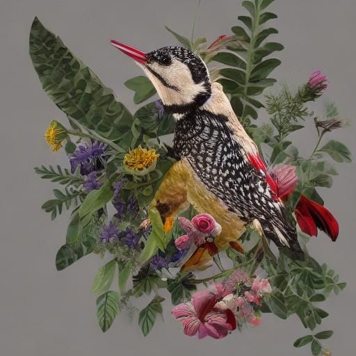 Steampunk Woodpecker in Floral Bouquet, Detailed Illustratio...