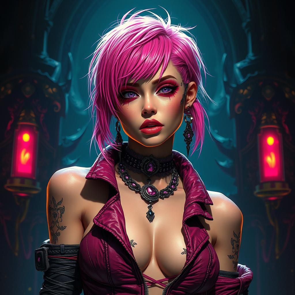 Punk Woman with Pink Hair, Dark Fantasy Concept Art