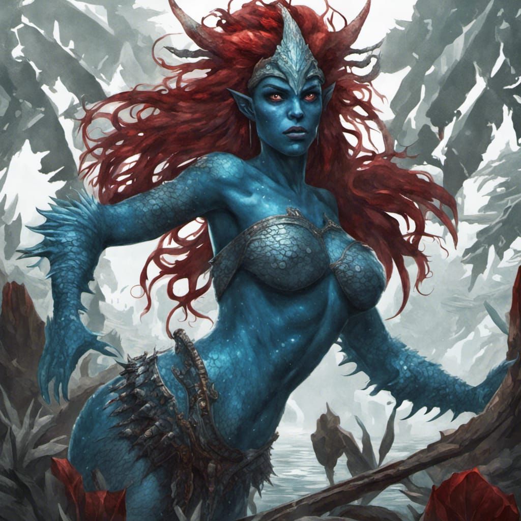 Monstrous Triton Woman with Red Eyes, Dark Fantasy Art
