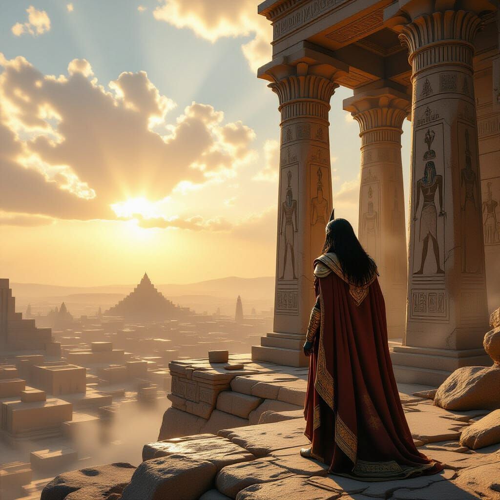 Ancient King Surveys Crumbling City at Horizon