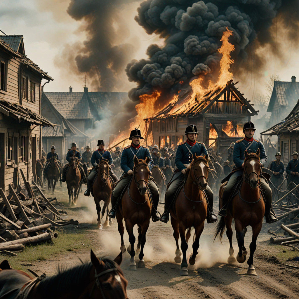 Epic Burning Village Under Siege in 19th-Century Film Style