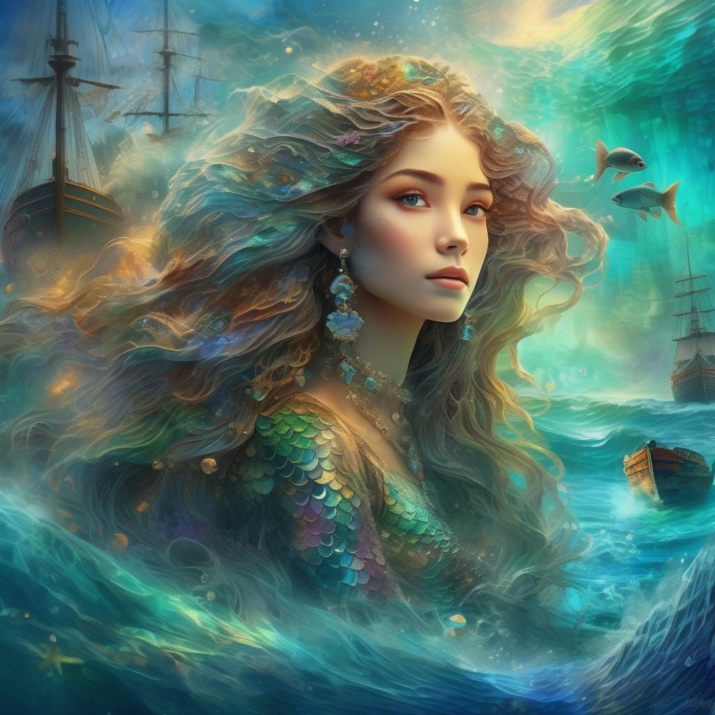 Mermaid in Shipwreck Dreamscape, Romantic Illustration