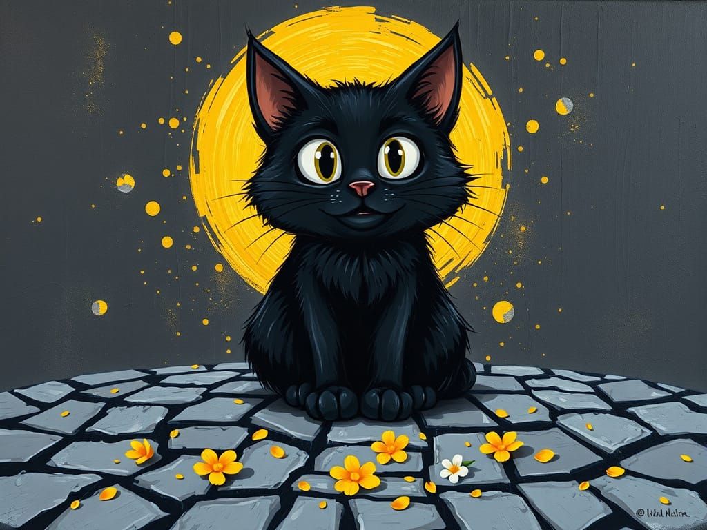Cartoon Black Cat Under Yellow Moon as Impasto Painting