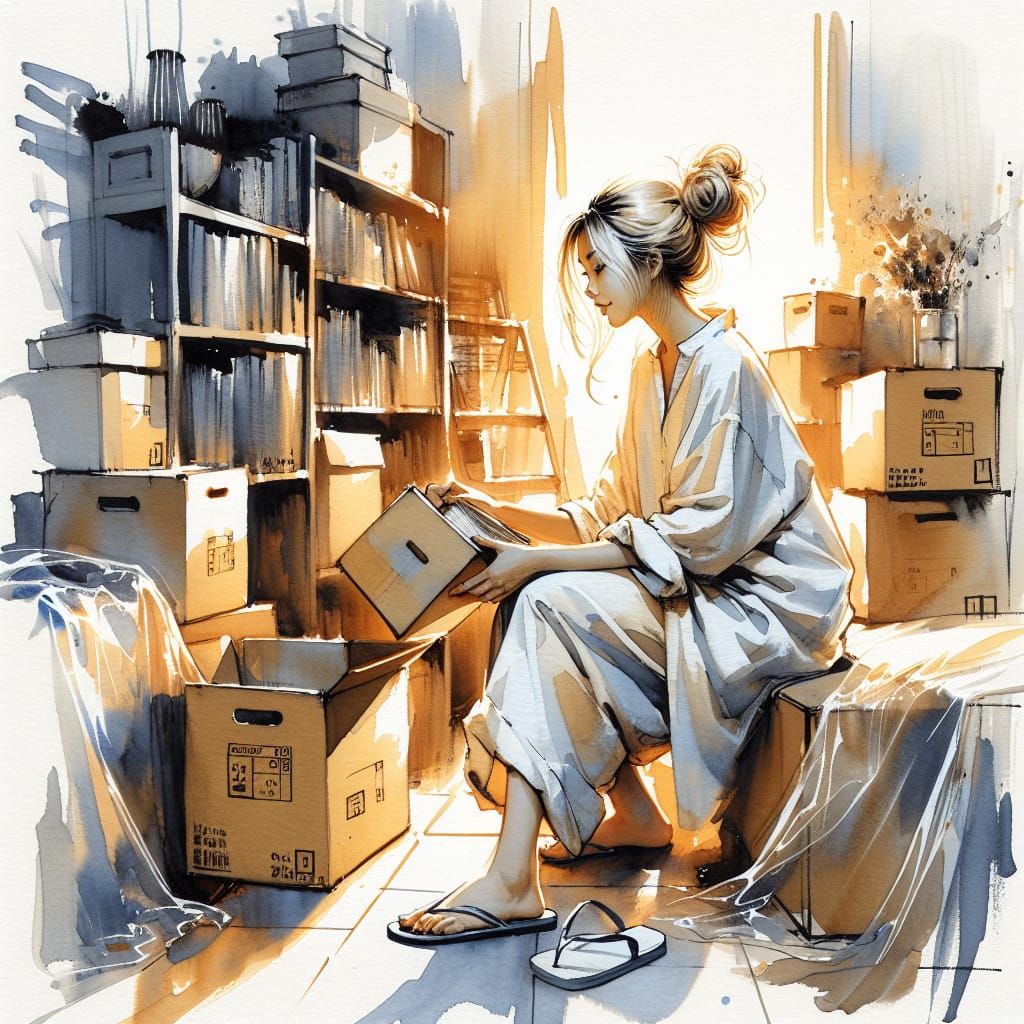 Vietnamese Woman amidst Bookshelves, Ink and Watercolor Artw...