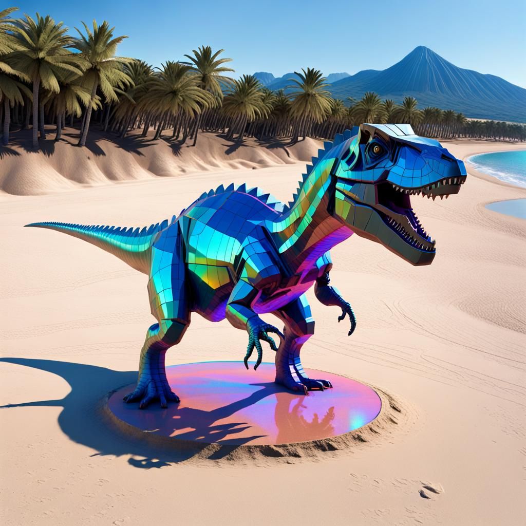 Holographic Dinosaur Sculpture on Deserted Beach