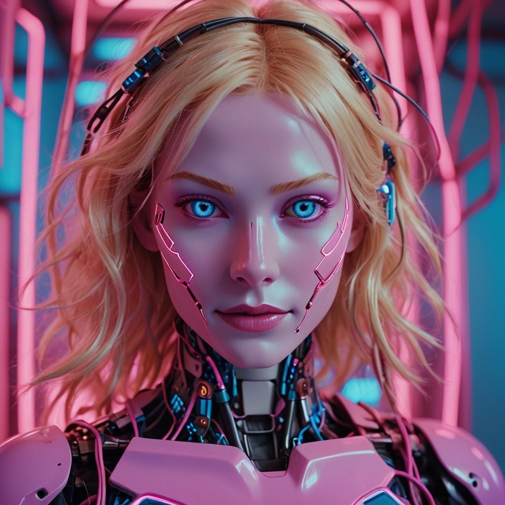 Neon Pink Cybernetic Woman Smiling: Cinematic Close-Up