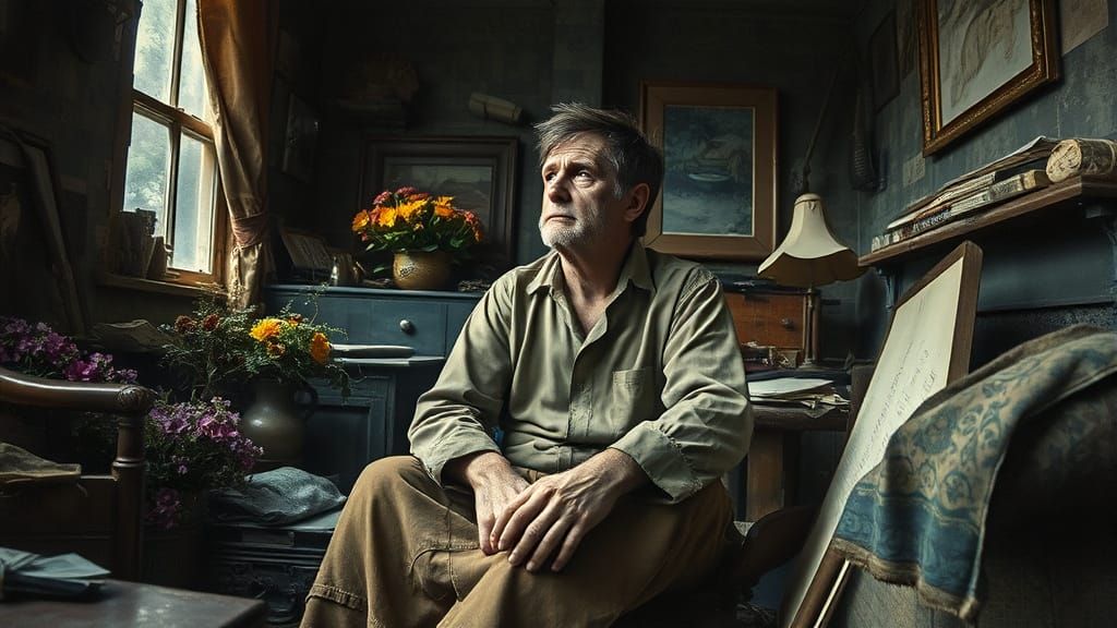 Contemplative Figure in a Memory-Filled Room