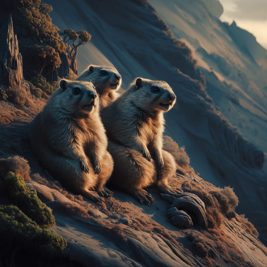 3 hungry himalayan marmot sitting on plateau.