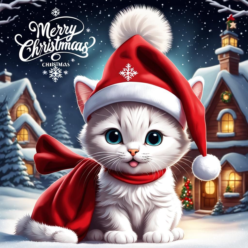 Winged White Kitten Wishes Merry Christmas