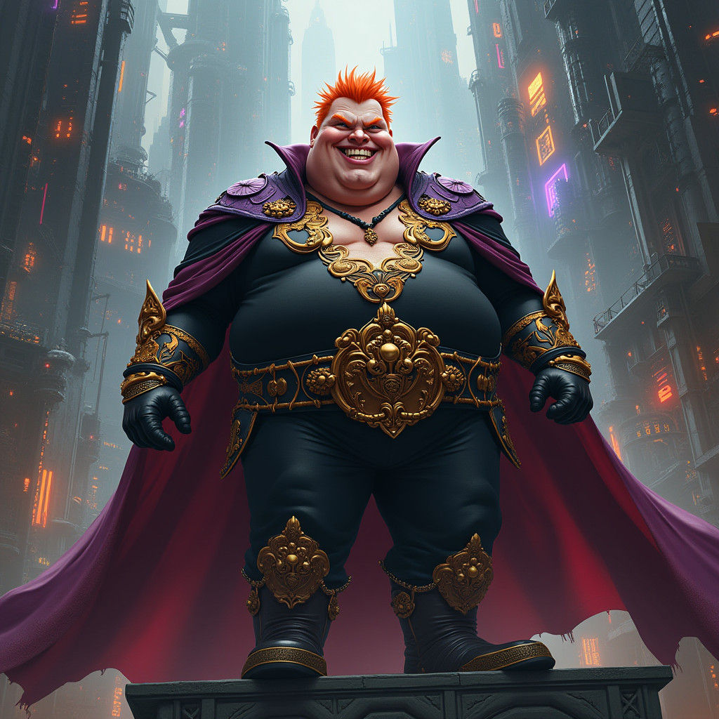 Ginger Supervillain on Throne in Dystopian City