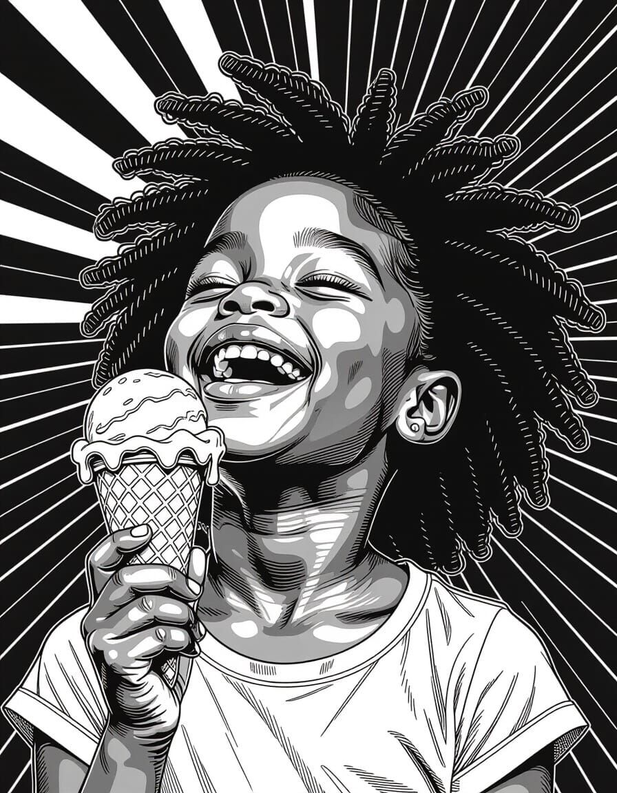 Girl Savoring Ice Cream in Mechanical Drafting Style