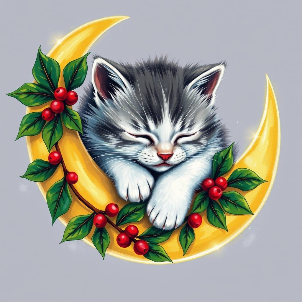 Whimsical Kitten on a Festive Crescent Moon