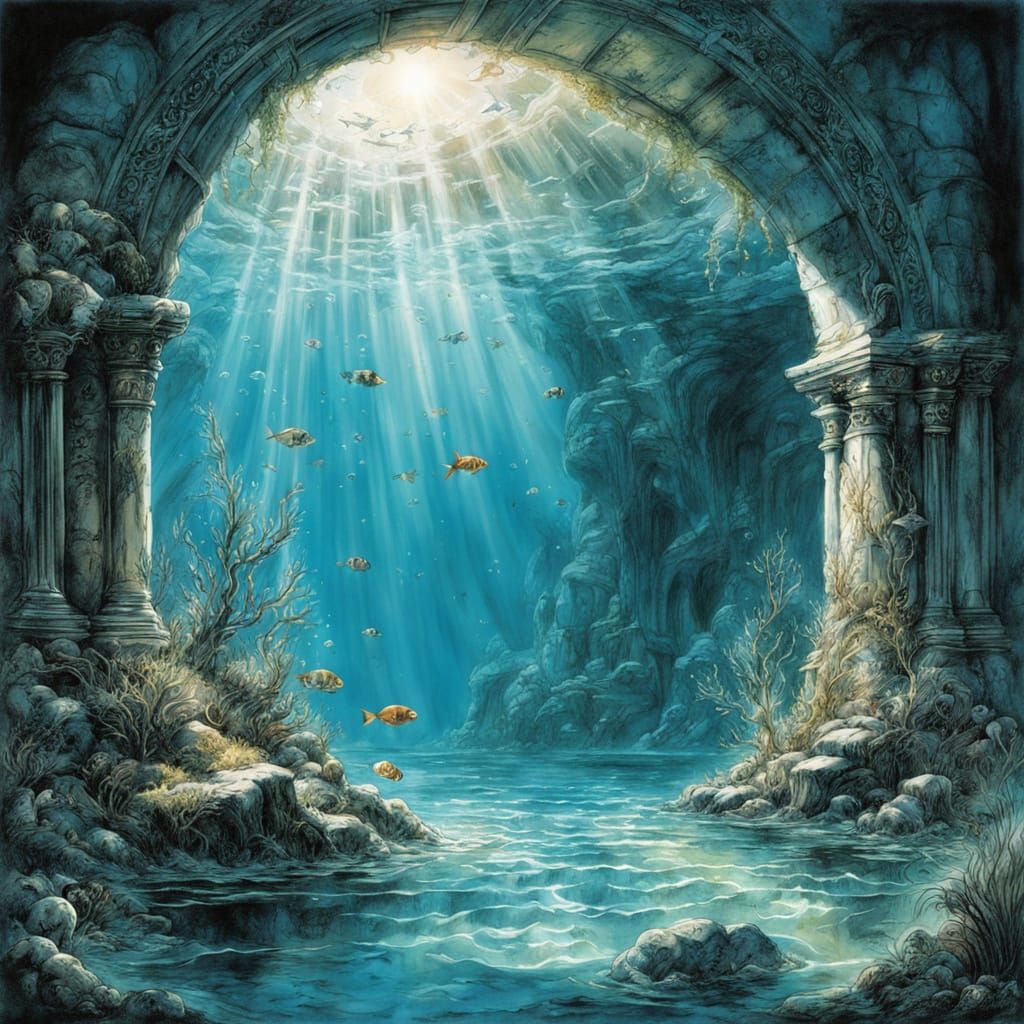 Ancient Stone Arch in Crystal Lagoon with Ethereal Portal