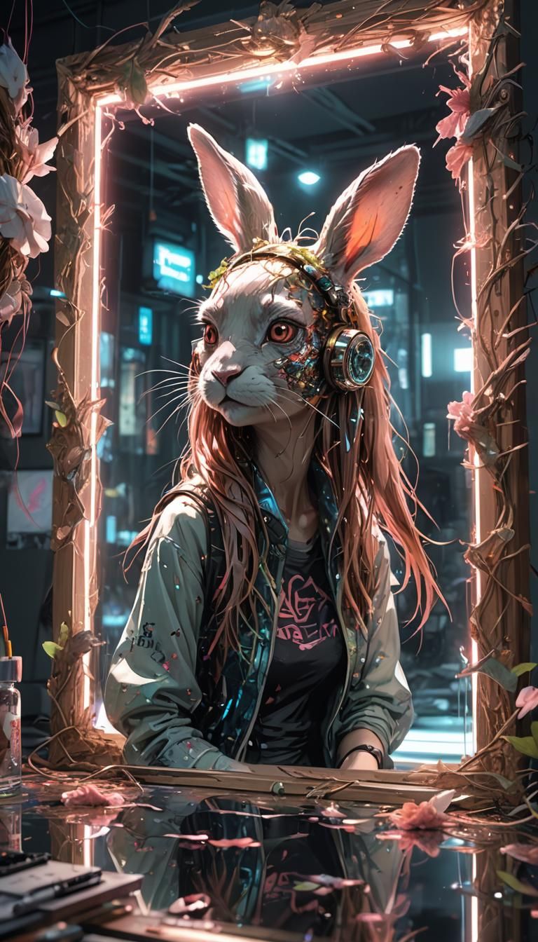 Cyber Rabbit Girl with Distorted Reflection