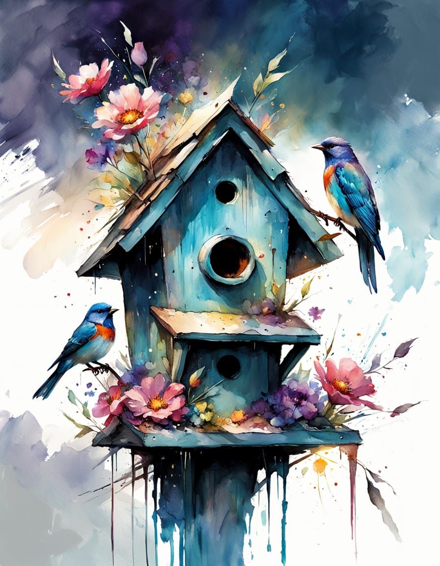 Watercolor Birdhouse with Colorful Bird and Flowers