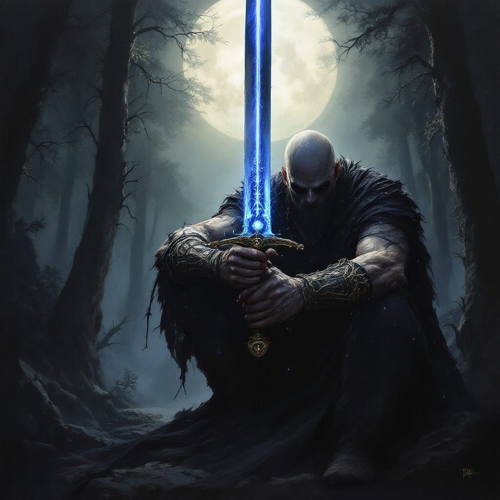 Dark Fantasy Warrior Defies with Sword Pointed at Viewer